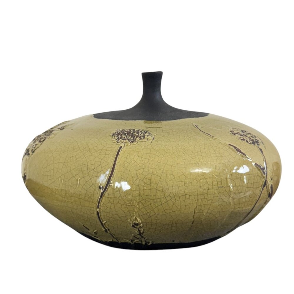 Vintage Unique Raku Pottery Vase with Intricate Crackle Flower Pattern Handmade - Picture 5 of 10